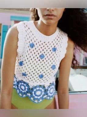 Zara Blue and White Crochet Sleeveless Top